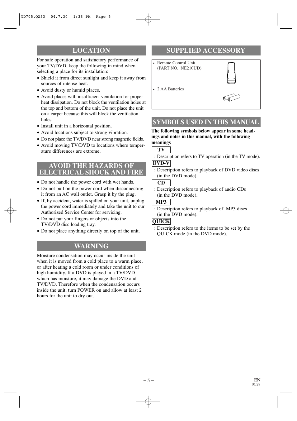 Warning, Symbols used in this manual supplied accessory | Sears SRTD313 User Manual | Page 5 / 40