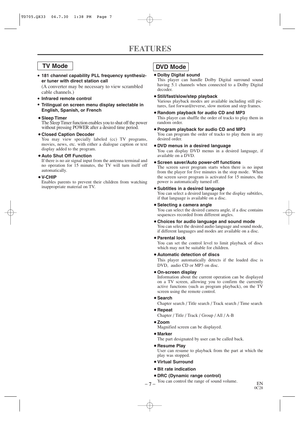 Features, Tv mode dvd mode | Sears SRTD313 User Manual | Page 7 / 40