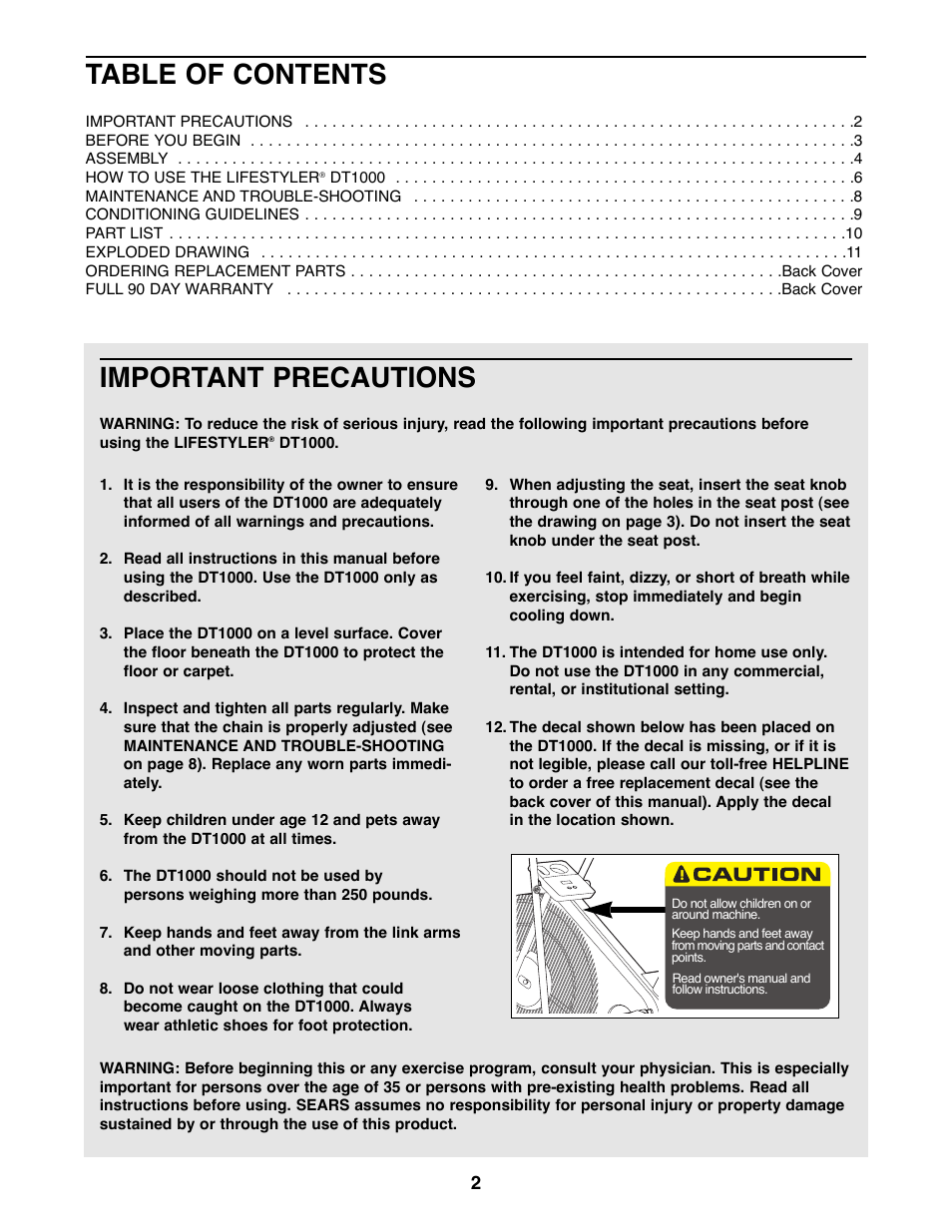 Sears DT1000 831.288261 User Manual | Page 2 / 12