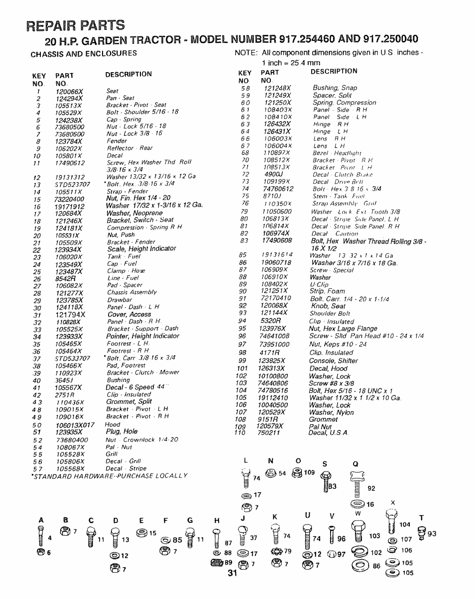 Note: all component dimensions given in u s inches, Repair parts | Sears 917.25446 User Manual | Page 31 / 56