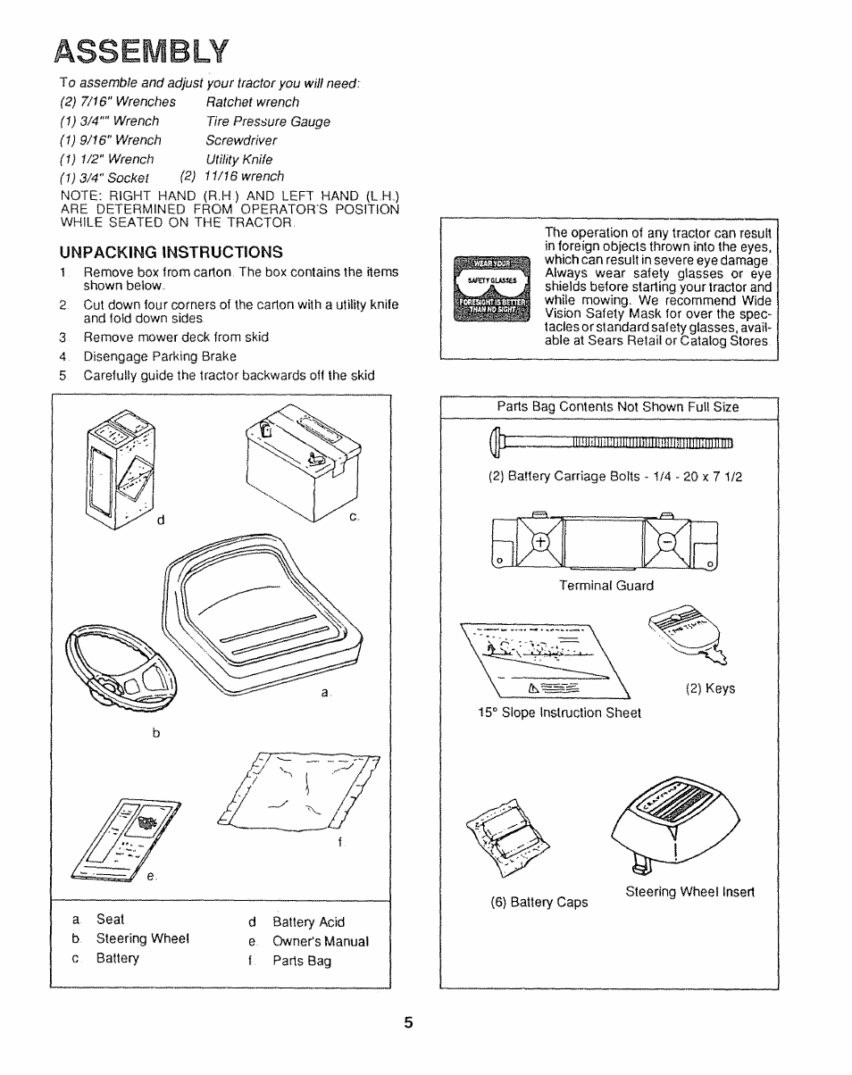 Unpacking instructions, Assembly | Sears 917.25446 User Manual | Page 5 / 56