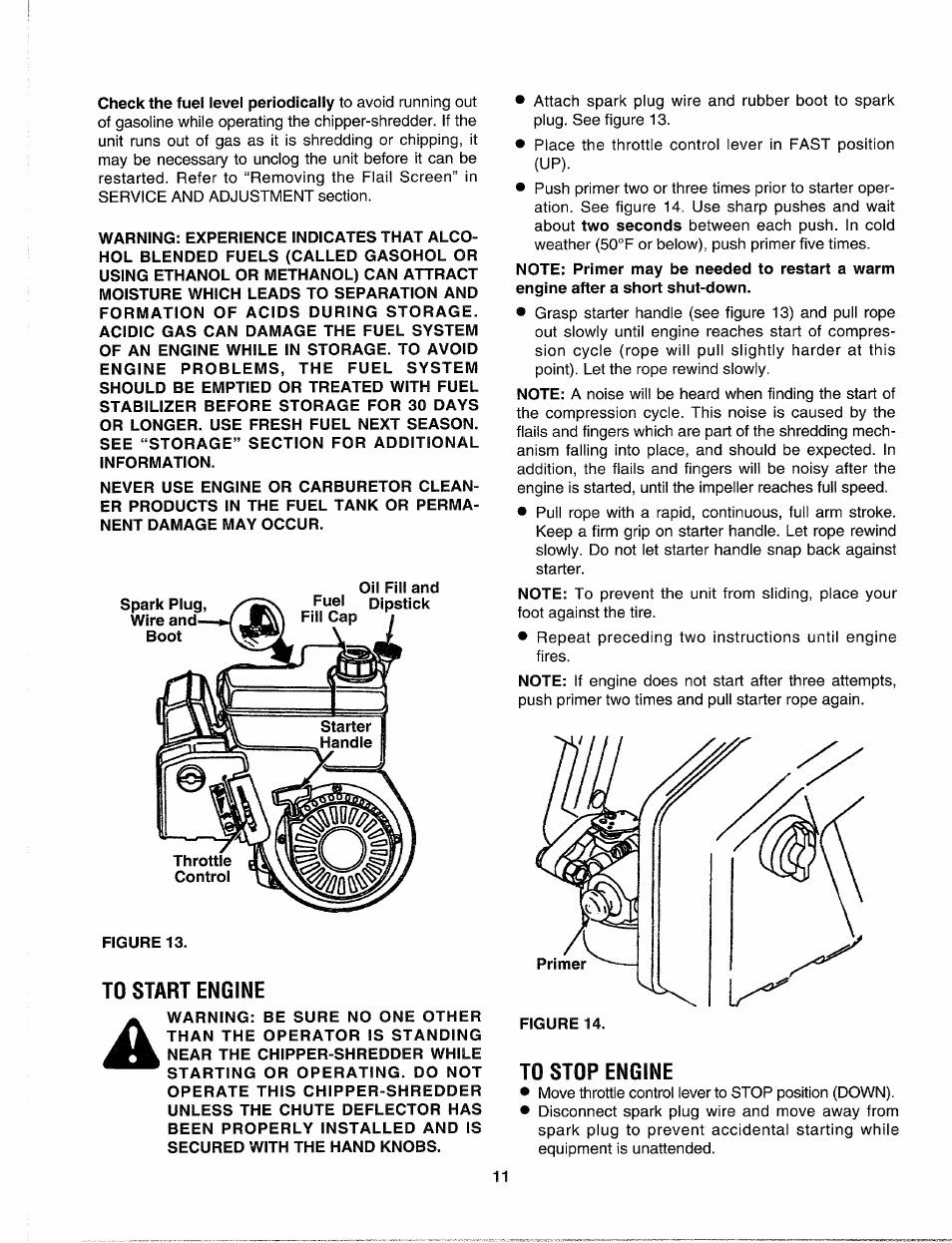 Figure 13, To start engine, To stop engine | Sears Craftman 247.79585 User Manual | Page 11 / 42
