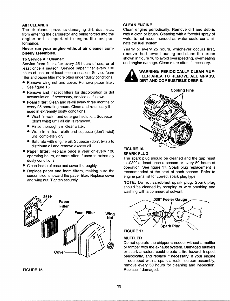 Air cleaner, To service air cieaner, Clean engine | Muffler | Sears Craftman 247.79585 User Manual | Page 13 / 42