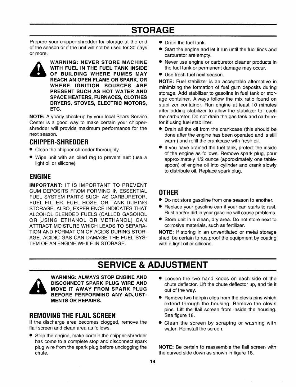 Storage, Chipper-shredder, Engine | Dther, Service & adjustment, Removing the flail screen, Storage service and adjustment -16 | Sears Craftman 247.79585 User Manual | Page 14 / 42