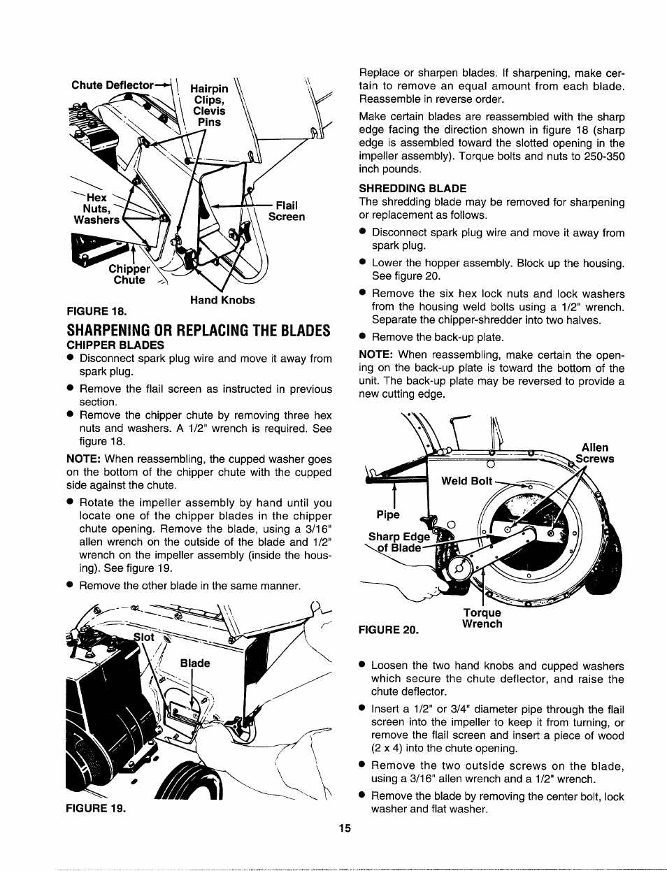 Sharpening or replacing the blades, Chipper blades, Shredding blade | Sears Craftman 247.79585 User Manual | Page 15 / 42