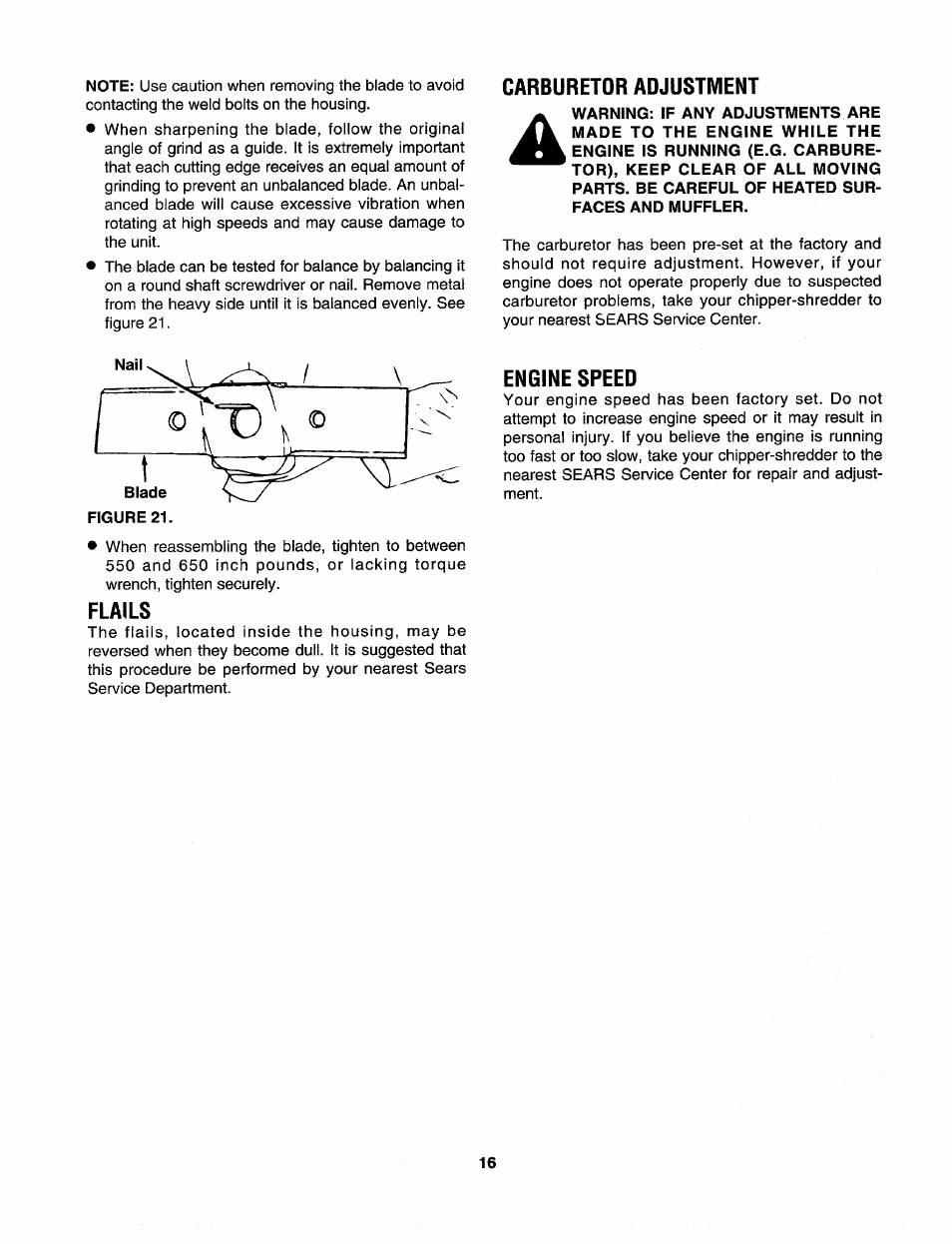 Carburetor adjustment, Flails, Engine speed | Sears Craftman 247.79585 User Manual | Page 16 / 42
