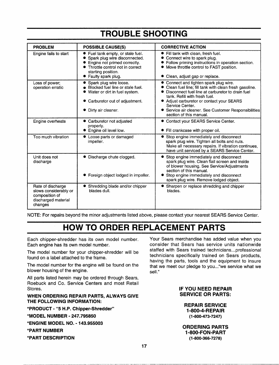 Trouble shooting, How to order replacement parts, If you need repair service or parts | Repair service 1-800-4-repair, Ordering parts 1-800-fon-part, Repair/replacement parts -24 | Sears Craftman 247.79585 User Manual | Page 17 / 42