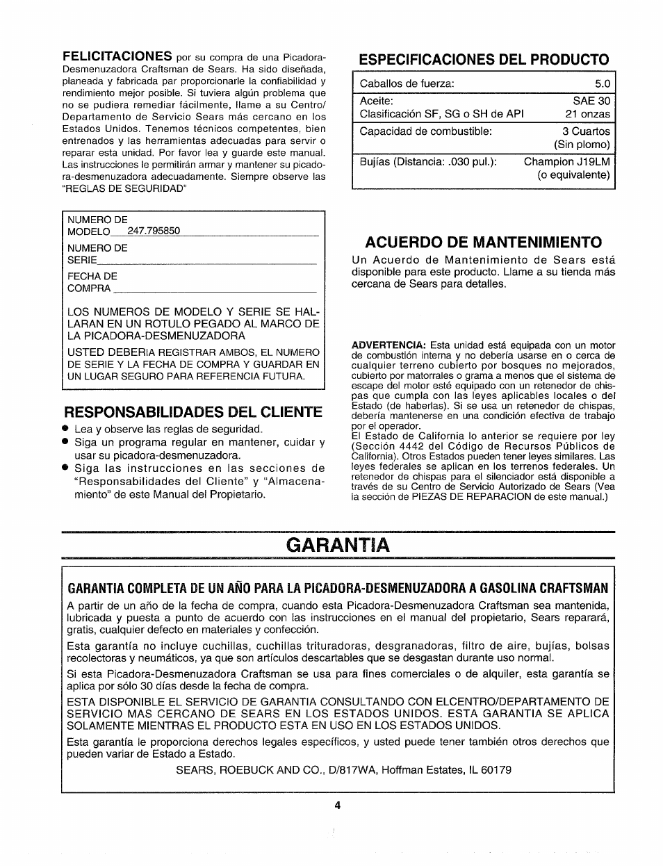 Especificaciones del producto, Responsabilidades del cliente, Acuerdo de mantenimiento | Garantia | Sears Craftman 247.79585 User Manual | Page 28 / 42