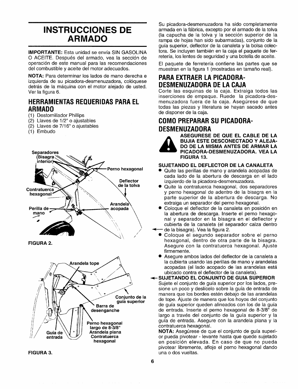 Instrucciones de armado, Herramientas requeridas para el armado, Figura 2 | Para extraer la picadora- desmenuzadora de la caja, Como preparar su picadora- desmenuzadora, Sujetando el deflector de la canaleta, Instrucciones de armado , 7 | Sears Craftman 247.79585 User Manual | Page 30 / 42