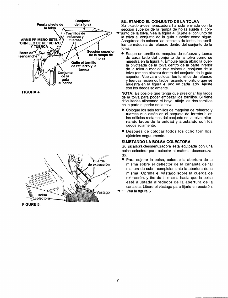 Sujetando el conjunto de la tolva, Sujetando la bolsa colectora | Sears Craftman 247.79585 User Manual | Page 31 / 42