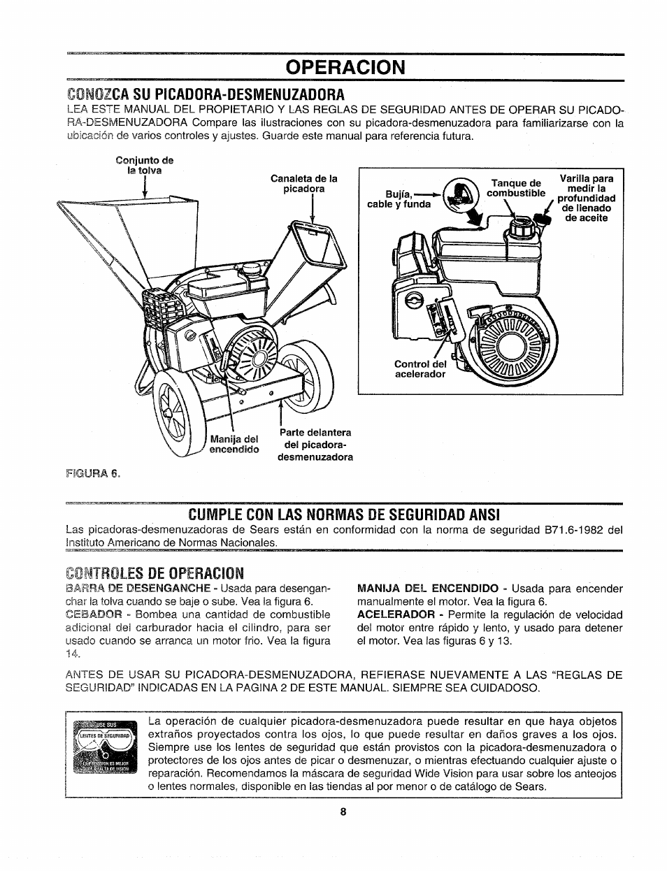 Conozca su picadora-desmenuzaoora, Cumple con las normas de seguridad ansi, C0ítroles de operacion | Operacion, Conozca, C0ítroles | Sears Craftman 247.79585 User Manual | Page 32 / 42