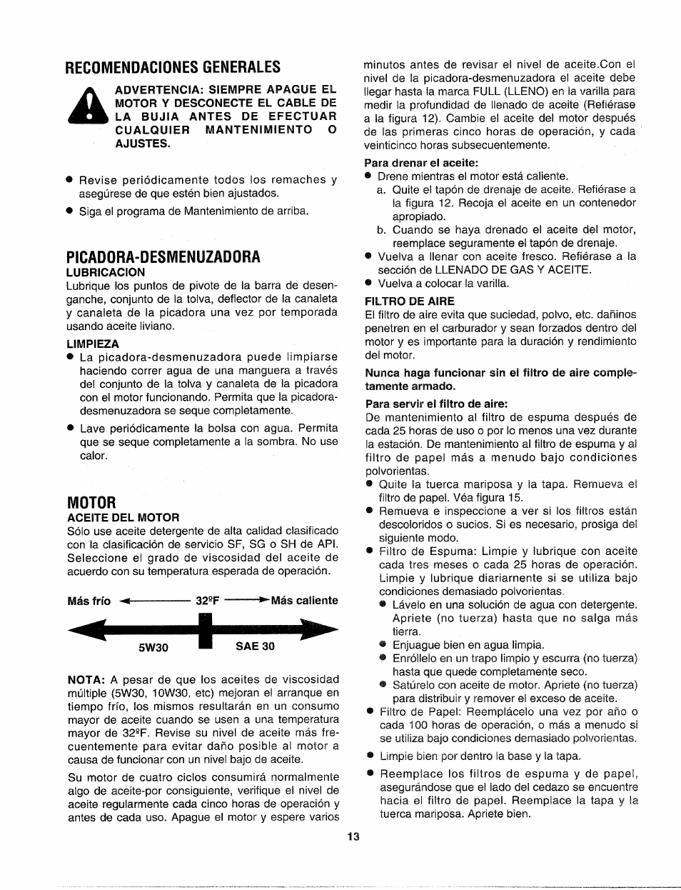 Recomendaciones generales, Picadora-desmenuzadora, Motor | Sears Craftman 247.79585 User Manual | Page 37 / 42