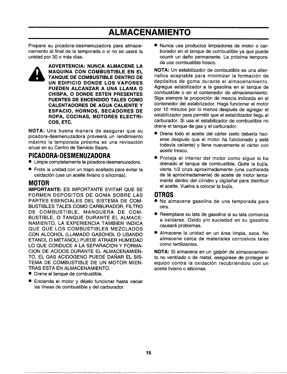 Picadora-desmenuzadora, Motor, Otros | Almacenamiento | Sears Craftman 247.79585 User Manual | Page 39 / 42