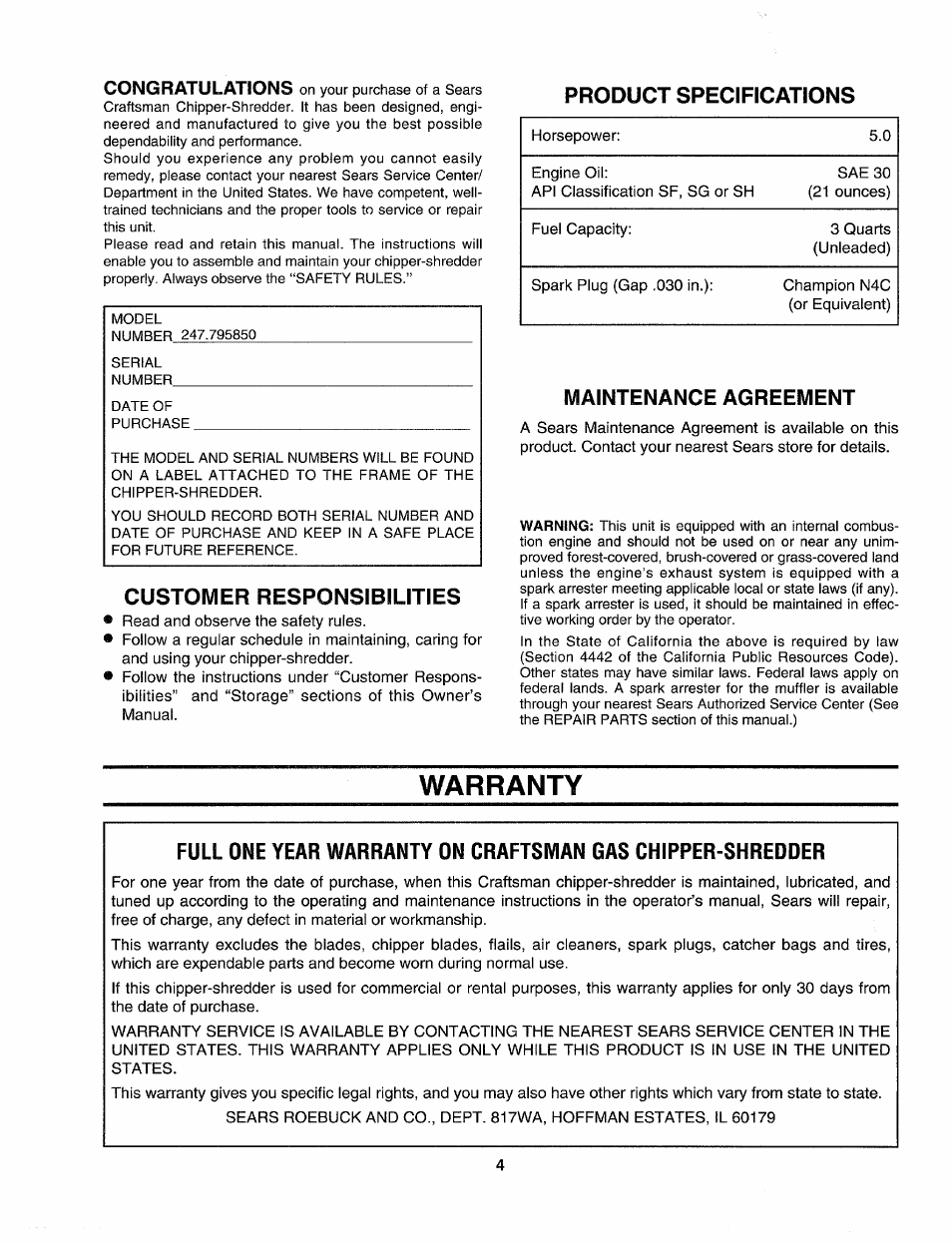 Product specifications, Customer responsibilities, Maintenance agreement | Warranty | Sears Craftman 247.79585 User Manual | Page 4 / 42