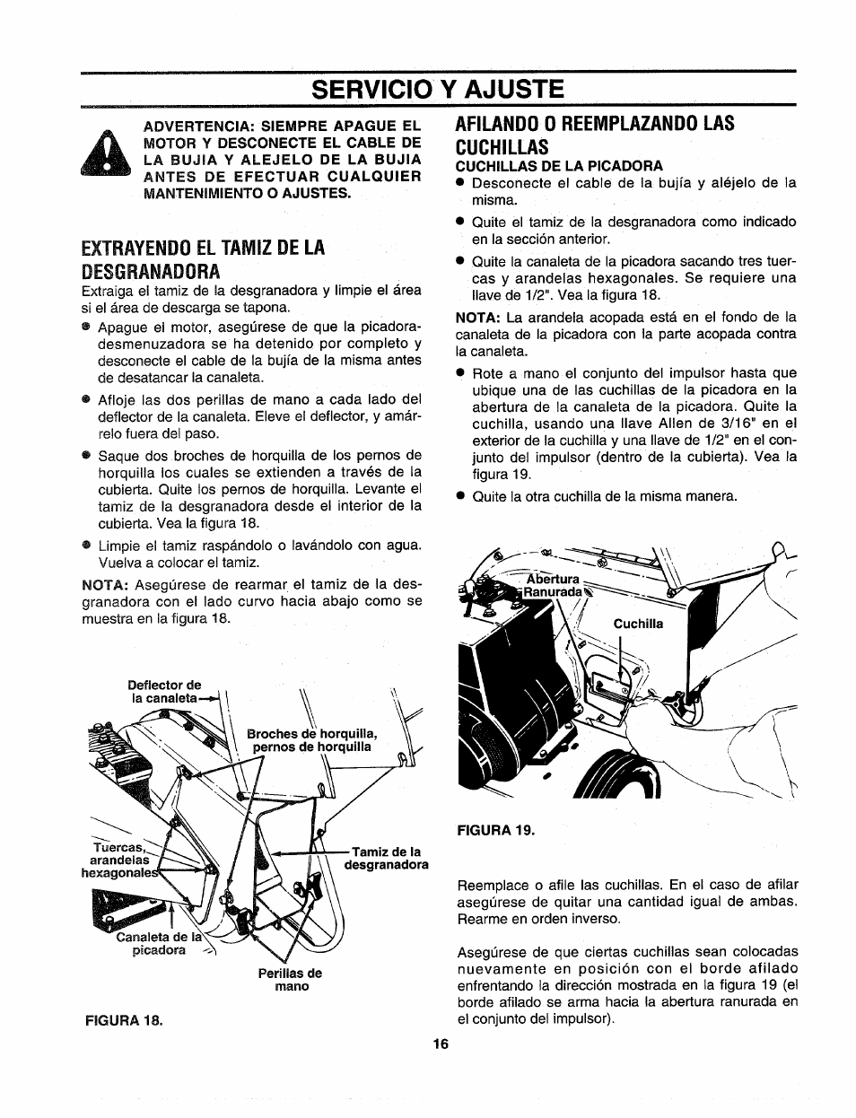 Servicio y ajuste, Afilando 0 reemplazando las cuchillas, Cuchillas de la picadora | Extrayendo el, Oesoranadora | Sears Craftman 247.79585 User Manual | Page 40 / 42