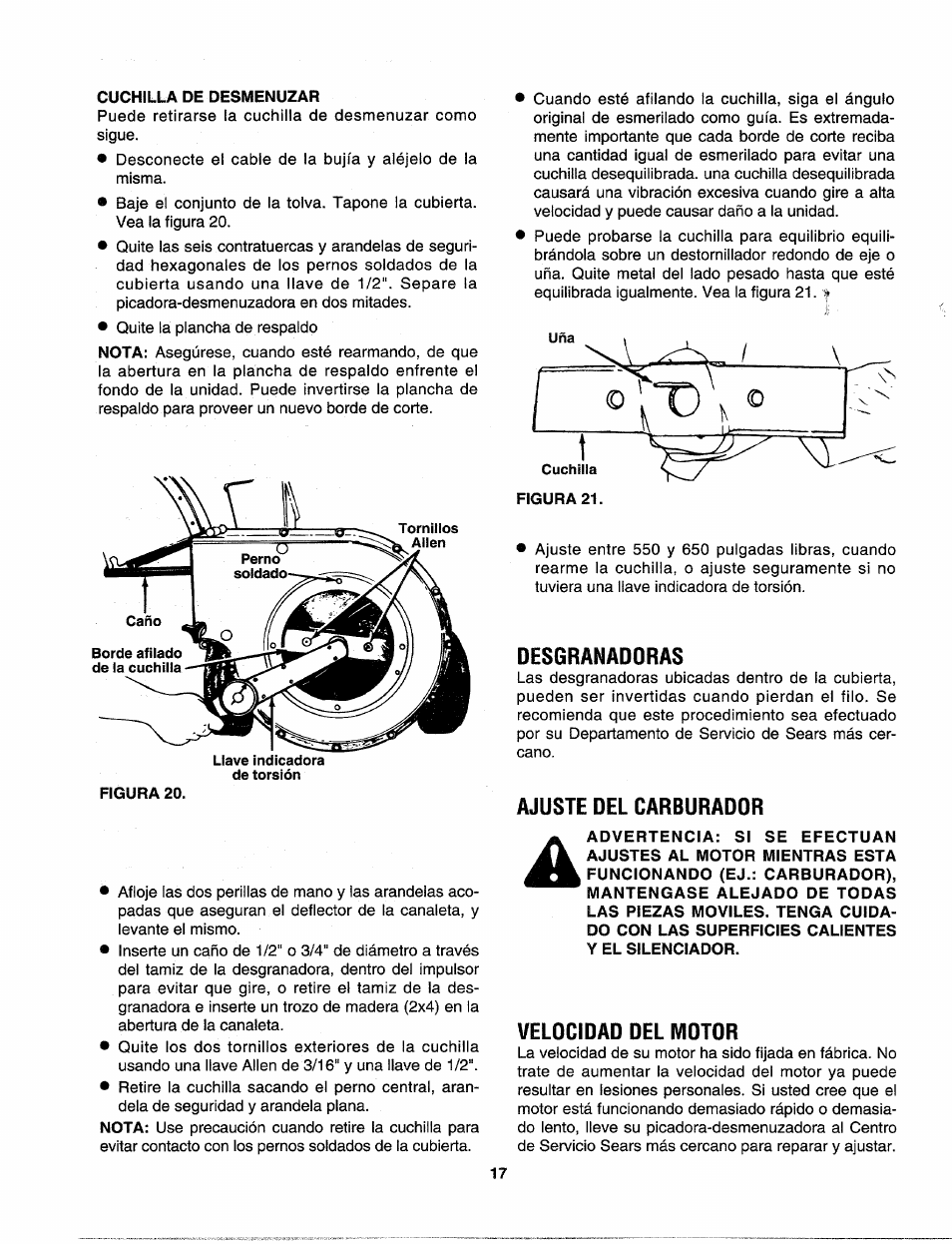 Cuchilla de desmenuzar, Desgranadoras, Ajuste del carburador | Velocidad del motor | Sears Craftman 247.79585 User Manual | Page 41 / 42