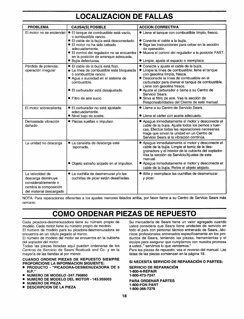 Localizacion de fallas, Como ordenar piezas de repuesto | Sears Craftman 247.79585 User Manual | Page 42 / 42