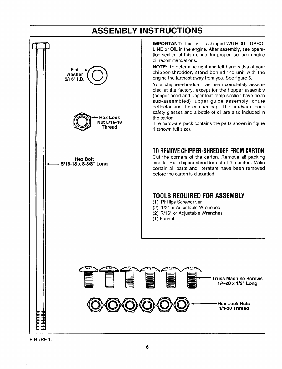 To remove chipper-shredoer from carton, Tools required for assembly, Assembly instructions | Sears Craftman 247.79585 User Manual | Page 6 / 42