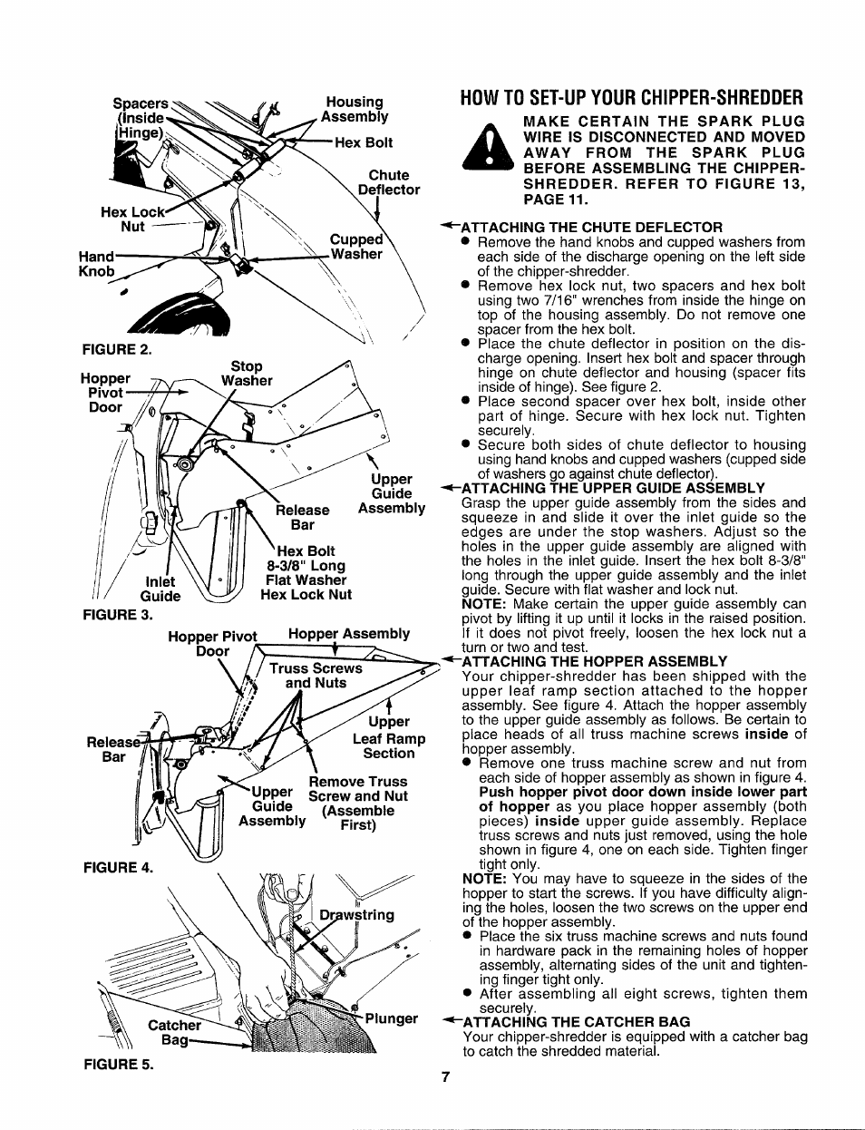 How to set-up your chipper-shredder, Attaching the chute deflector, Attaching the hopper assembly | Attaching the catcher bag | Sears Craftman 247.79585 User Manual | Page 7 / 42