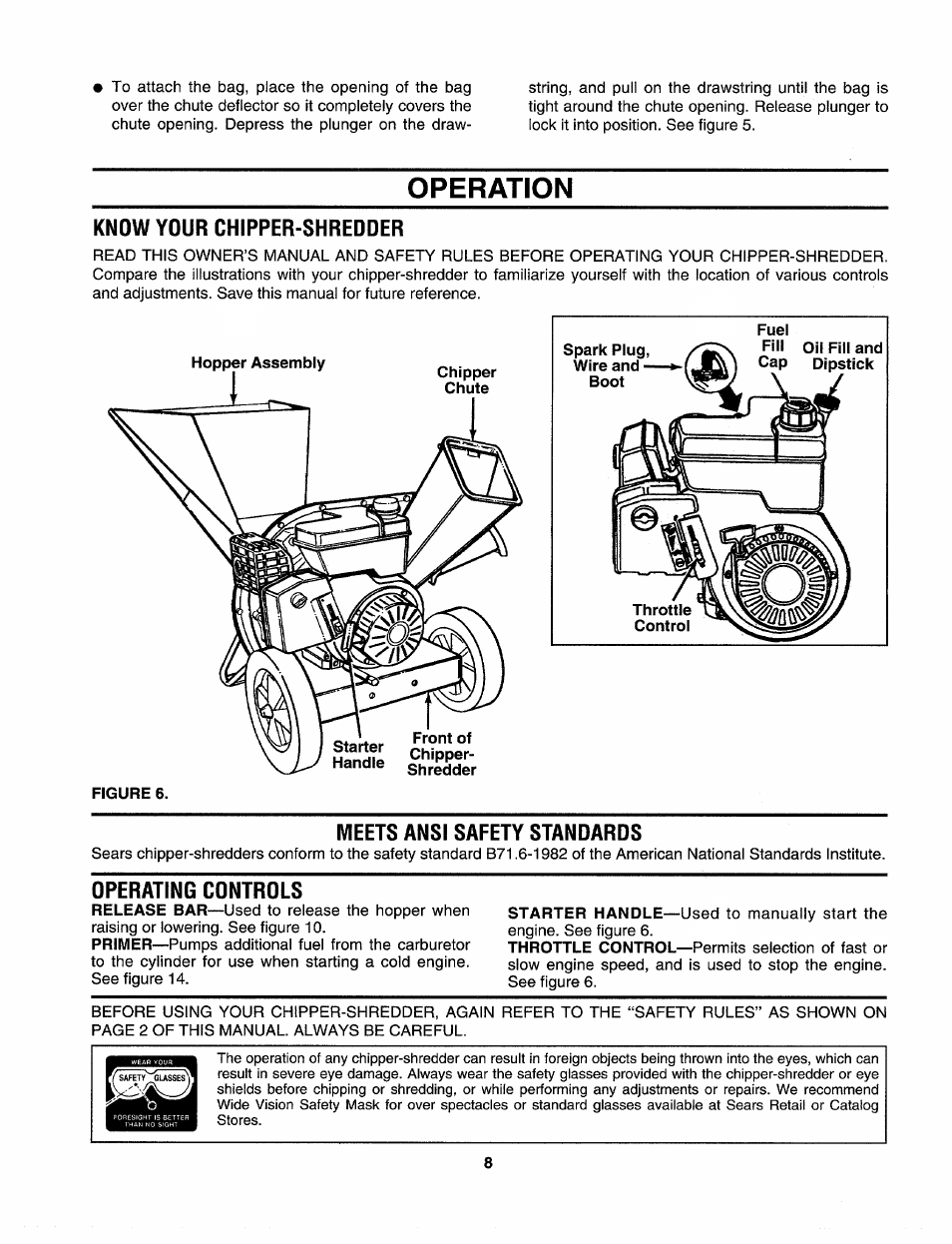 Know your chipper-shredder, Meets ansi safety standards, Dperating cdntrdls | Operation | Sears Craftman 247.79585 User Manual | Page 8 / 42