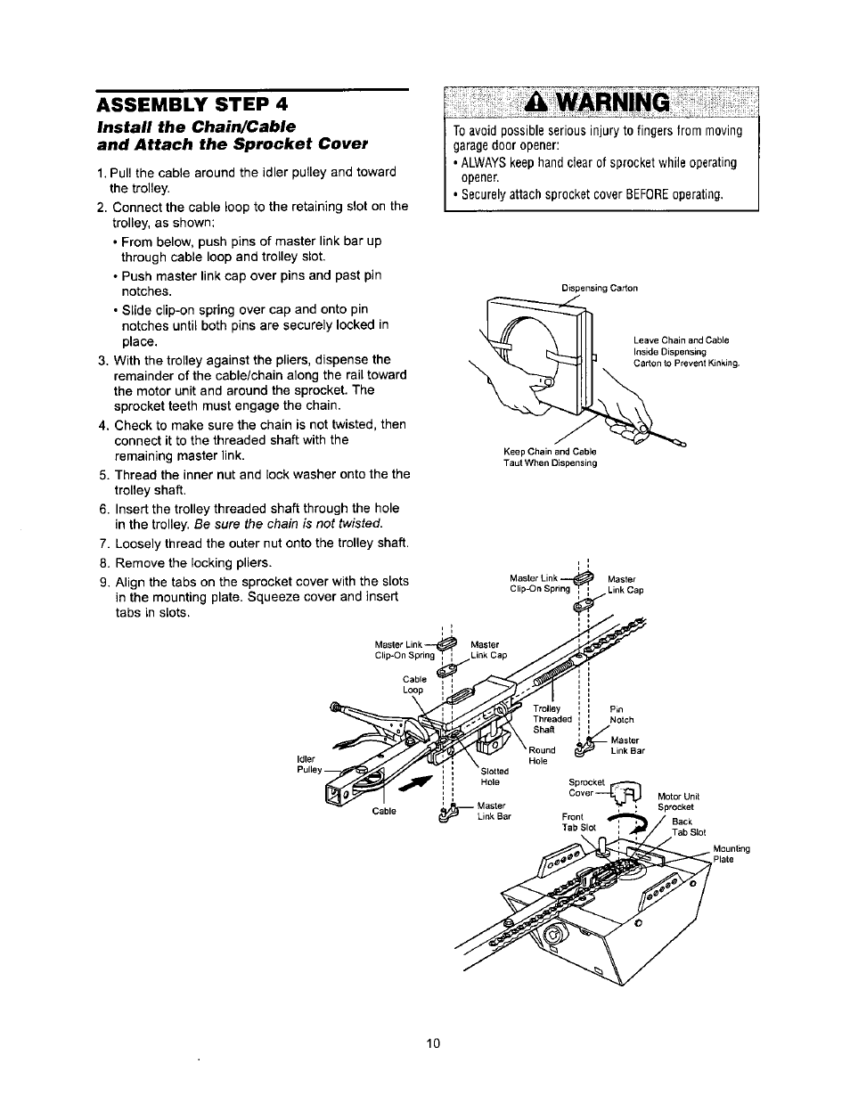 A warning, Assembly step 4 | Sears 139.53971SRT User Manual | Page 10 / 76
