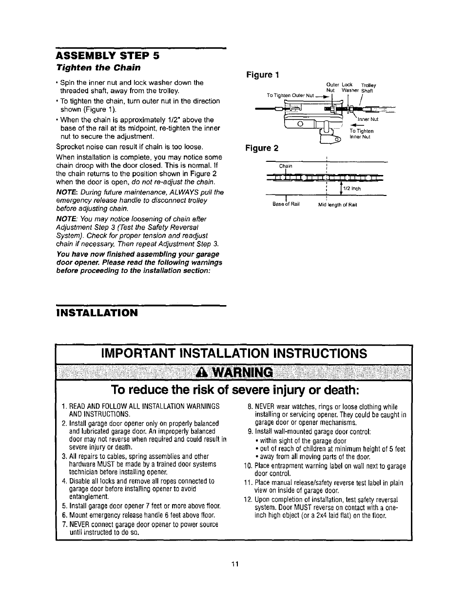 Important installation instructions, Warning, To reduce the risk of severe injury or death | Aanun, Assembly step 5, Installation, Tighten the chain | Sears 139.53971SRT User Manual | Page 11 / 76