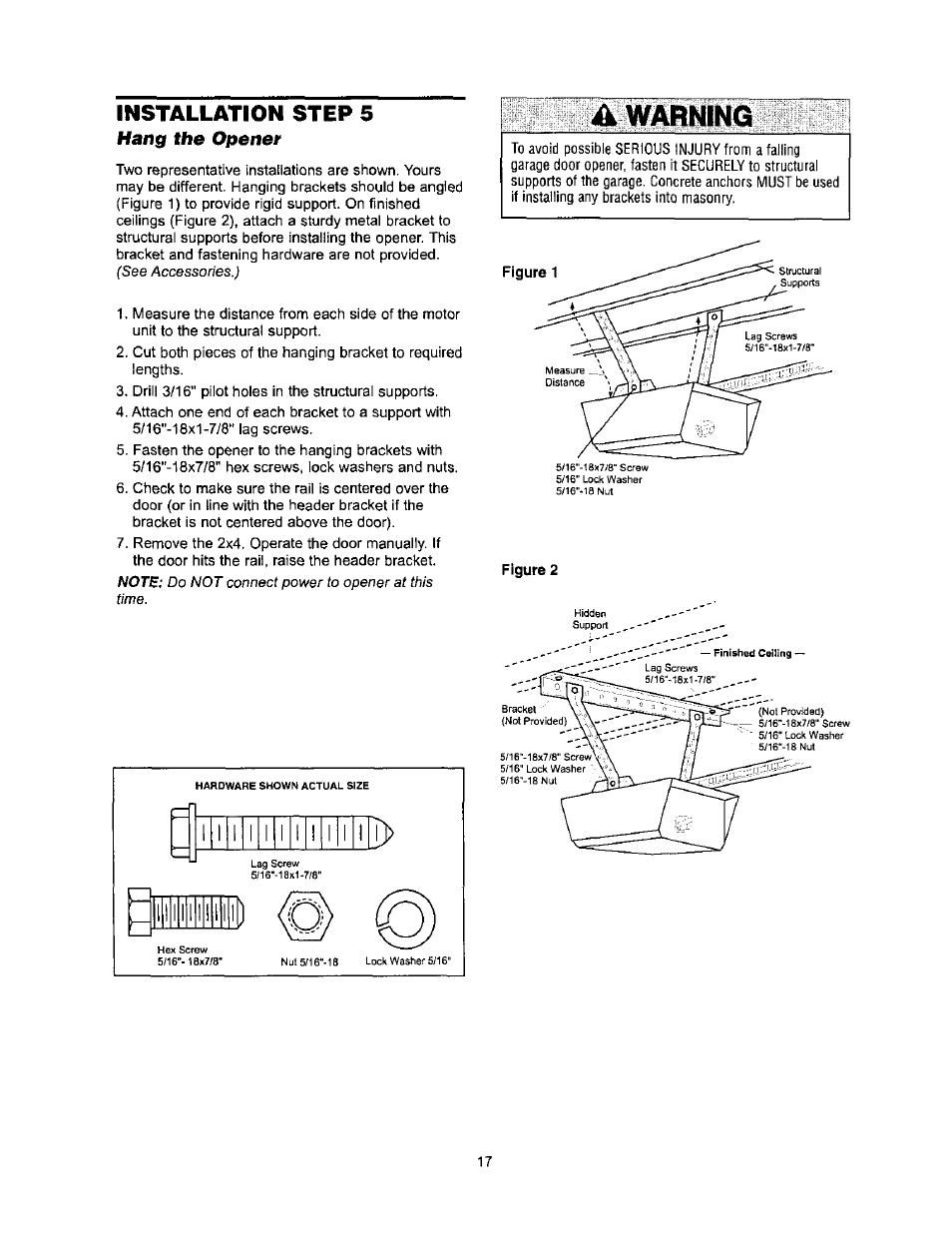 A warning, Installation step 5, Hang the opener | Sears 139.53971SRT User Manual | Page 17 / 76