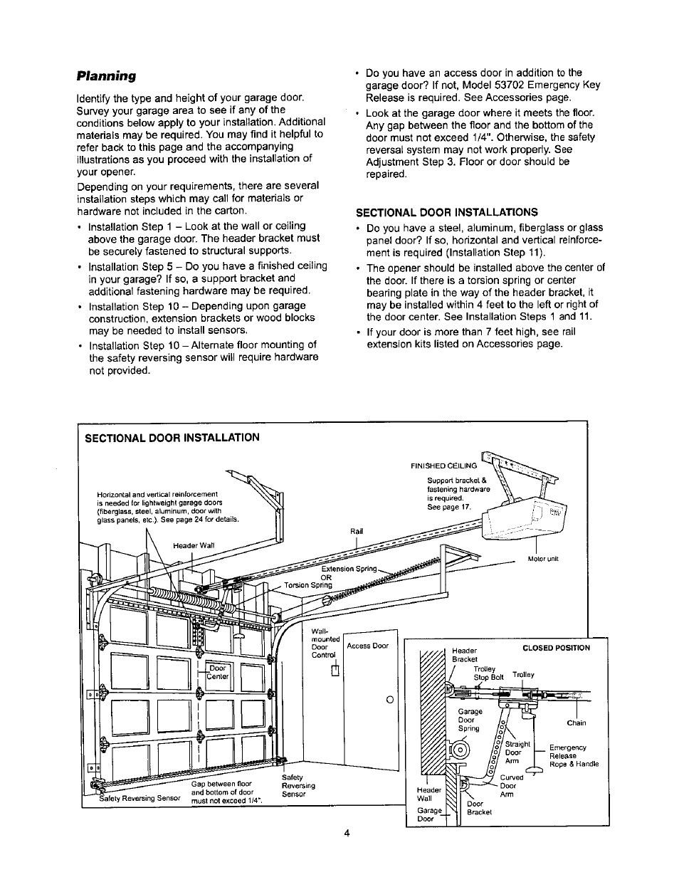 Sectional door installations, Planning | Sears 139.53971SRT User Manual | Page 4 / 76