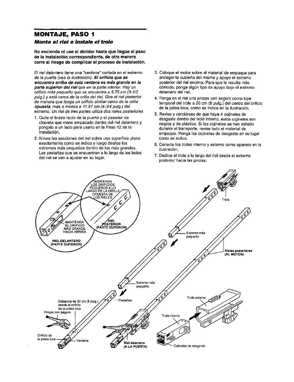 Monte el riel e instale el trole, Montaje el riel y instale el trole, Montaje, paso 1 | Sears 139.53971SRT User Manual | Page 46 / 76