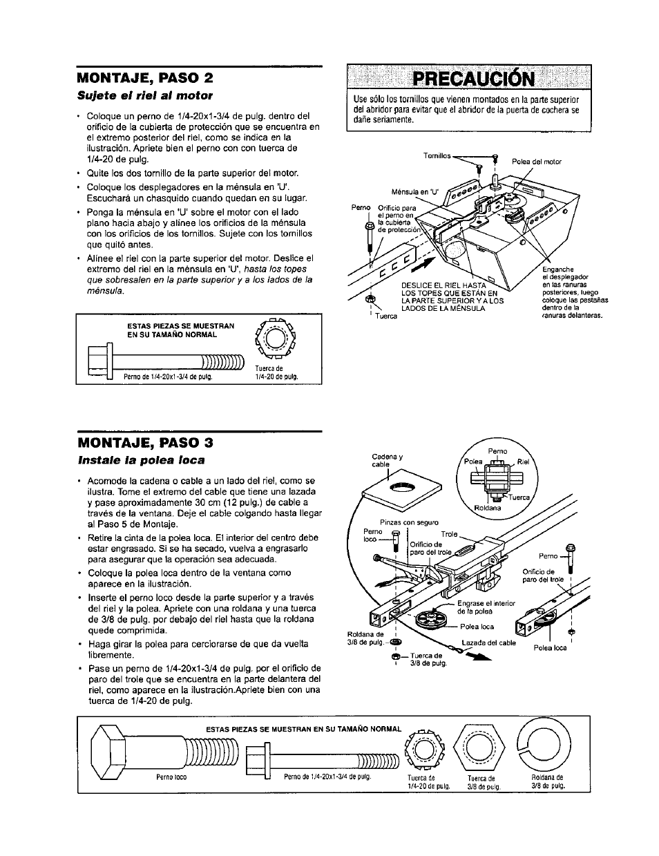 Sujete el riel al motor, Instale la polea loca, Precaución | Montaje, paso 2, Montaje, paso 3 | Sears 139.53971SRT User Manual | Page 47 / 76