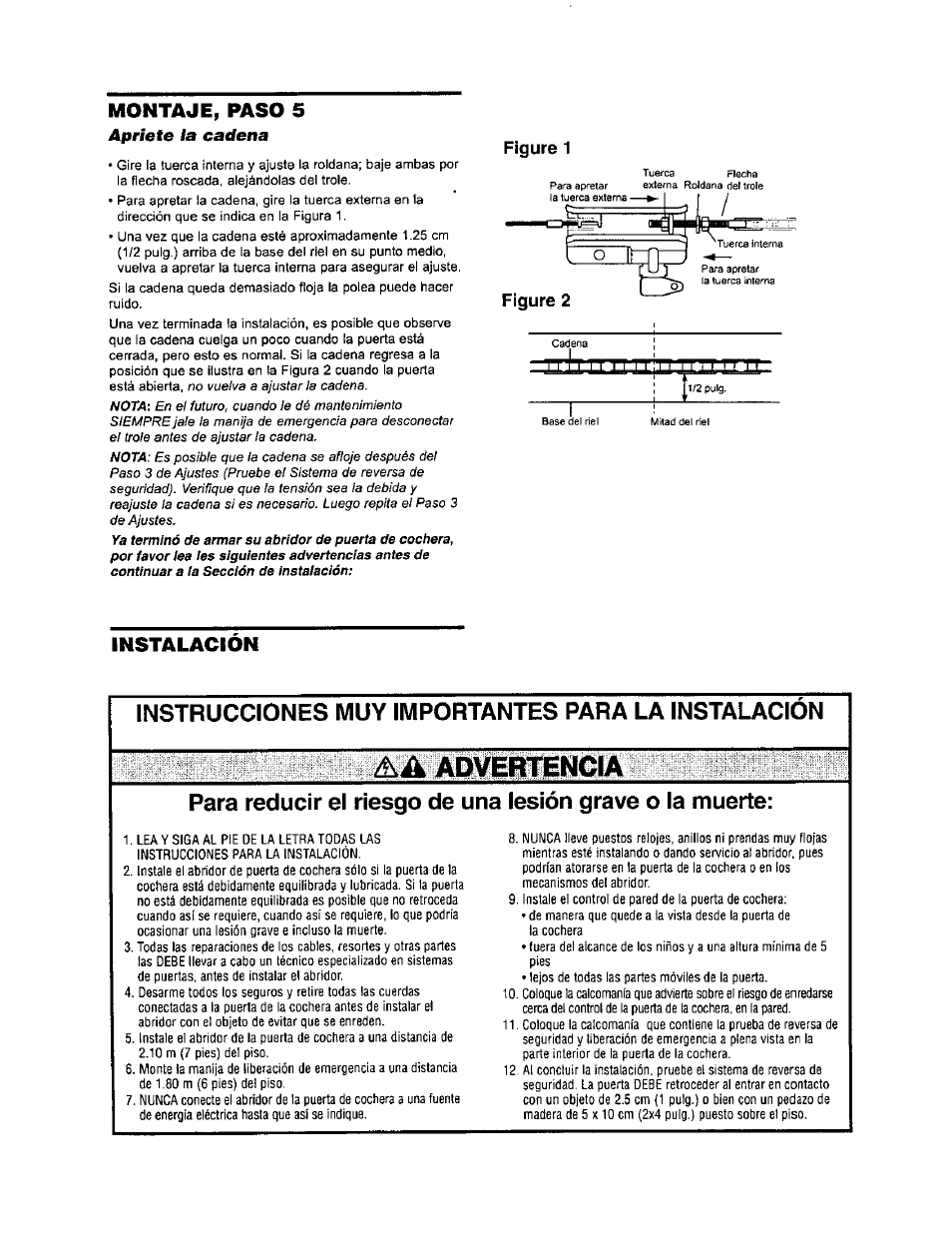 Apriete la cadena, Instrucciones muy importantes para la instalacion, Aa advertencia | Rntin, Montaje, paso 5 | Sears 139.53971SRT User Manual | Page 49 / 76