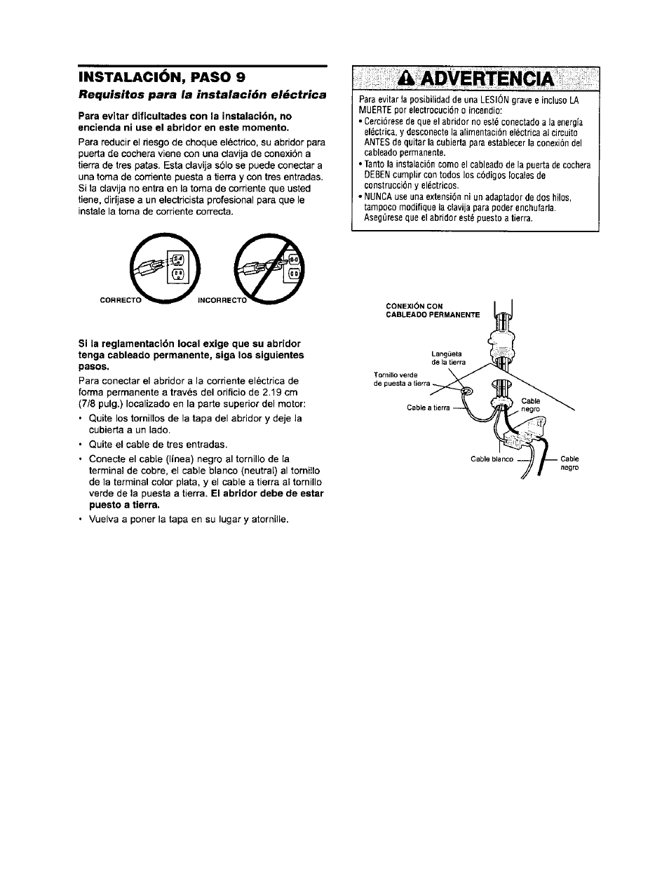 Requisitos para la instalación eléctrica, Advertencia, Instalacion, paso 9 | Sears 139.53971SRT User Manual | Page 58 / 76