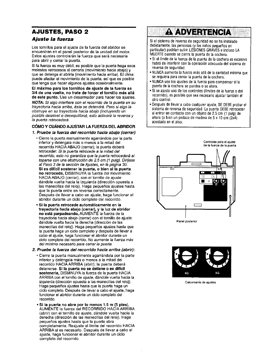 Ajuste la fuerza, A advertencia, Ajustes, paso 2 | Sears 139.53971SRT User Manual | Page 67 / 76