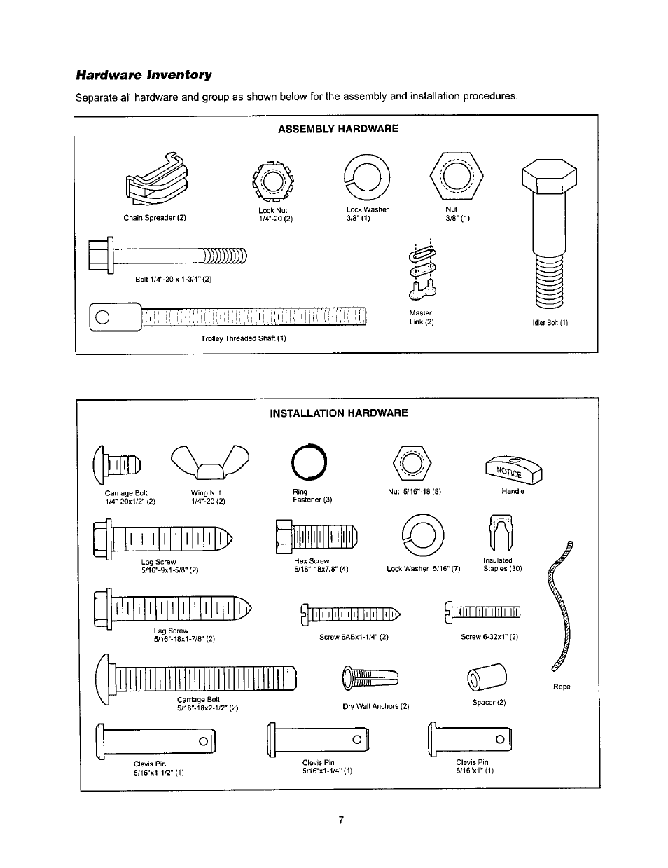 Installation hardware, Hardware inventory | Sears 139.53971SRT User Manual | Page 7 / 76