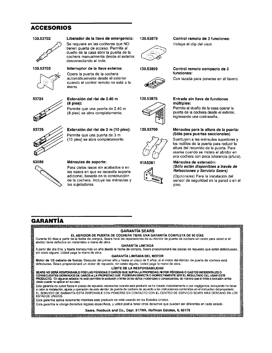Accesorios, Garantia | Sears 139.53971SRT User Manual | Page 75 / 76
