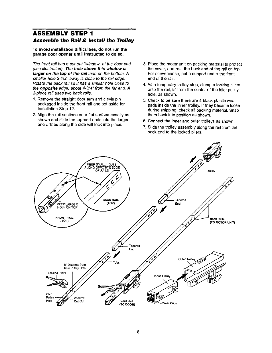 Assembly step 1, Assemble the rail & install the | Sears 139.53971SRT User Manual | Page 8 / 76