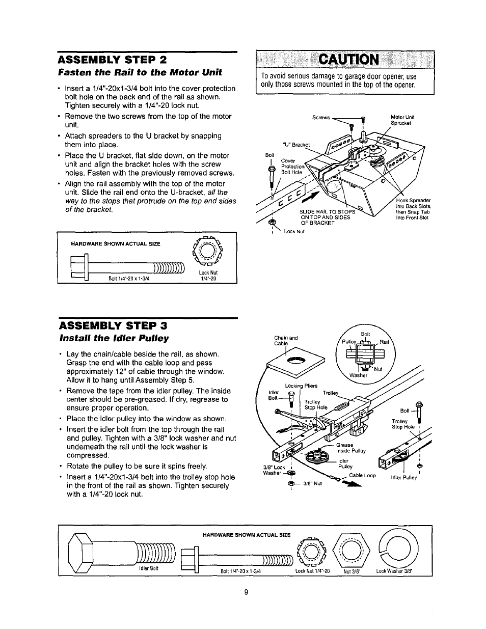 Caution, Assembly step 2, Assembly step 3 | Fasten the rail to the motor unit, Install the idler pulley | Sears 139.53971SRT User Manual | Page 9 / 76