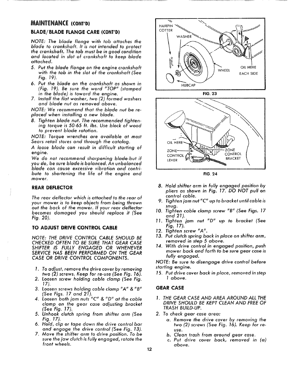Blade/blade flange care (cont'd), Rear deflector, To adjust drive control cable | Gear case, Maintenance | Sears 917.372301 User Manual | Page 12 / 28