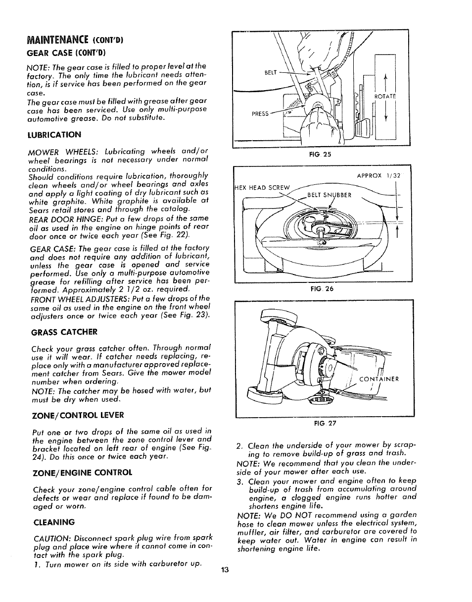 Gear case (cont'd), Lubrication, Grass catcher | Zone/control lever, Zone/engine control, Cleaning, Maintenanci | Sears 917.372301 User Manual | Page 13 / 28