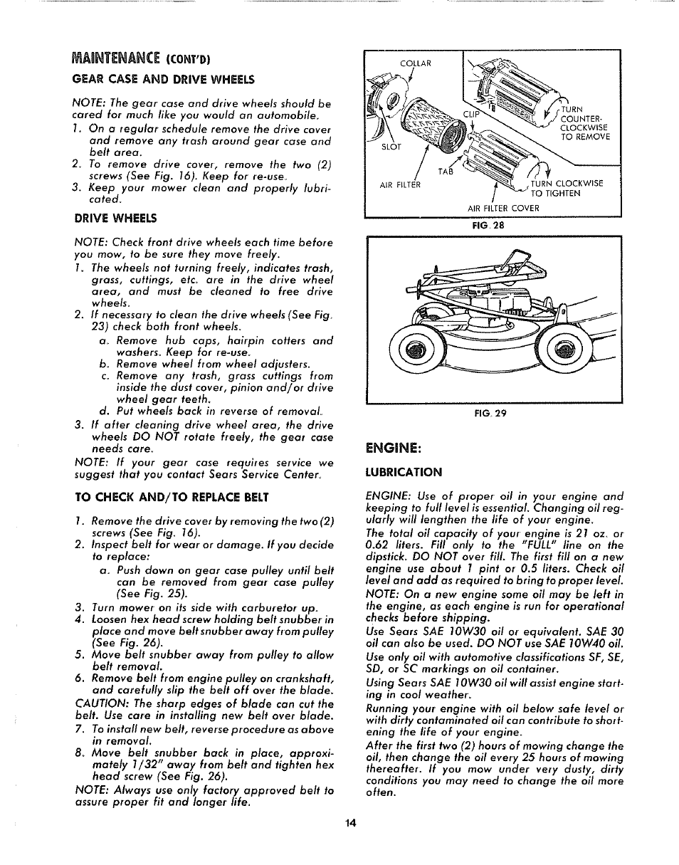 Geat case and drive wheels, Drive wheels, To check and/to replace belt | Engine, Lubrication, Maintenance | Sears 917.372301 User Manual | Page 14 / 28
