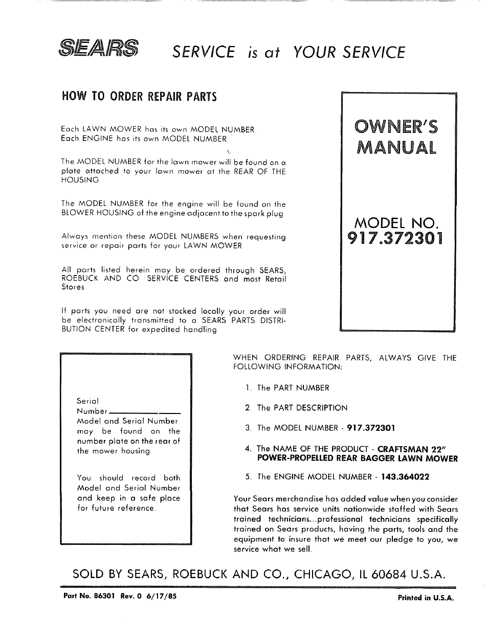 Owner's, Manual, Owner's manual | Service is at your service, Model no, How to order repair parts | Sears 917.372301 User Manual | Page 28 / 28