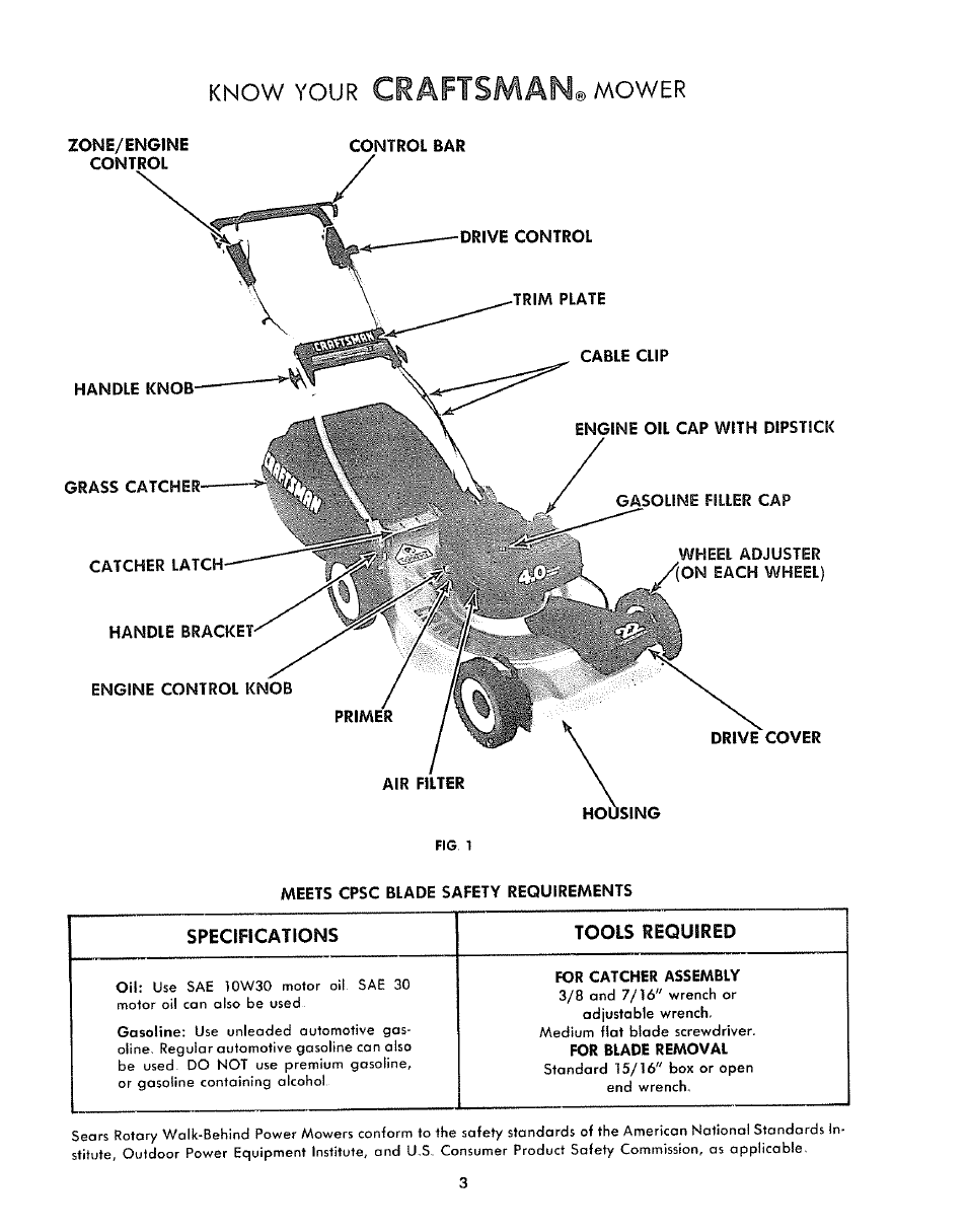 Control bar, Meets cpsc blade safety requirements, Craftsman | Know your | Sears 917.372301 User Manual | Page 3 / 28
