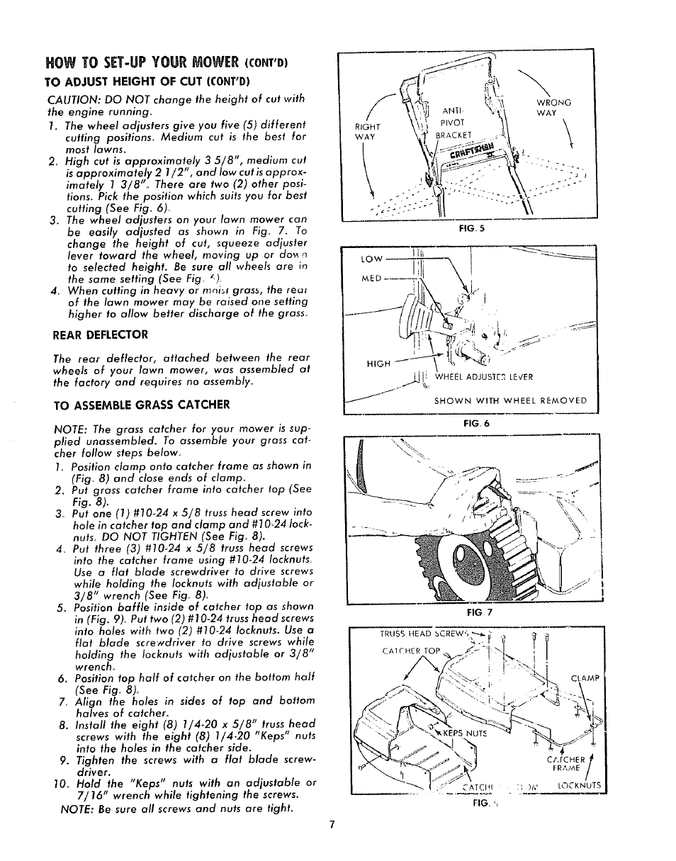 To adjust height of cut (cont'd), Rear deflector, To assemble grass catcher | How to set-up youe mowee, T'd) | Sears 917.372301 User Manual | Page 7 / 28
