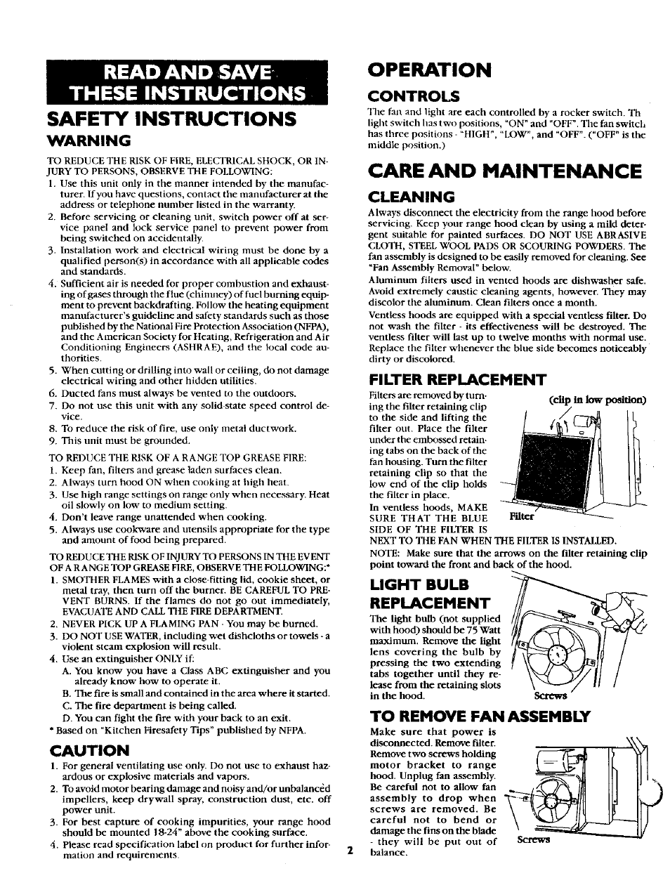 Read and save these instructions, Safety instructions, Warning | Caution, Operation, Controls, Care and maintenance, Cleaning, Filter replacement, Light bulb replacement | Sears 233.5134559 User Manual | Page 2 / 4