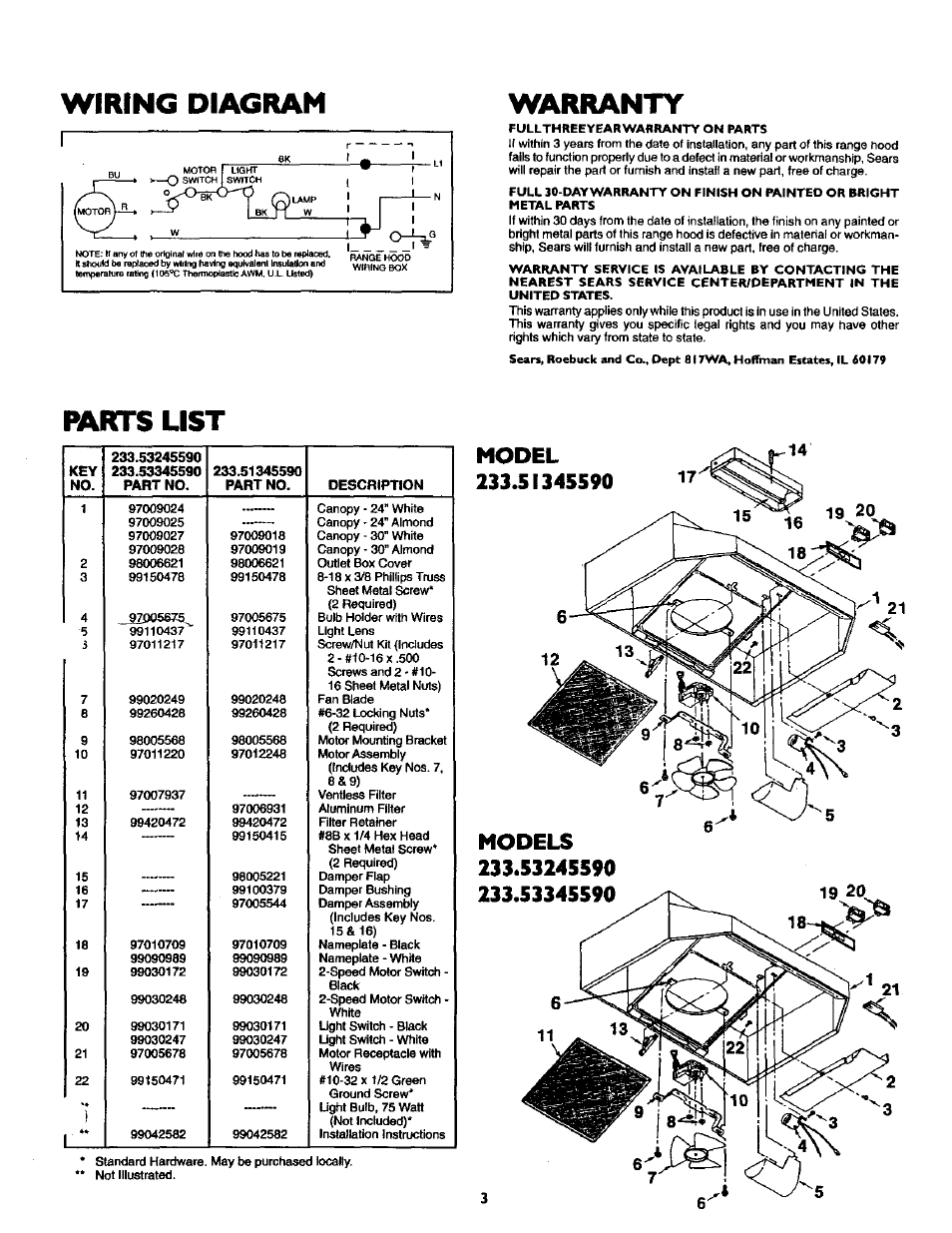 Parts list, Model, Models | Wiring diagram, Warranty | Sears 233.5134559 User Manual | Page 3 / 4