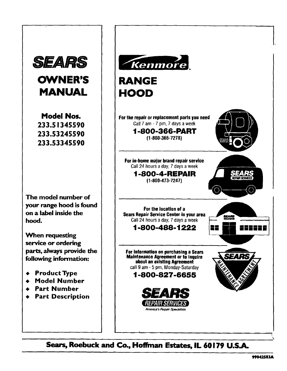 Model nos, 1 -800-366-part, Owner’s manual | Range hood, 800-4-repair | Sears 233.5134559 User Manual | Page 4 / 4