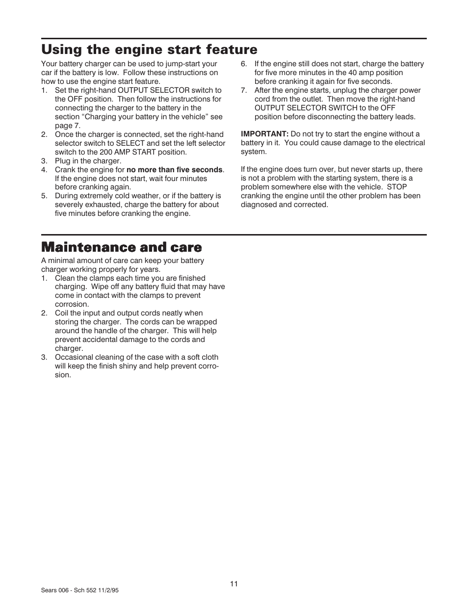 Using the engine start feature, Maintenance and care | Sears 47006 User Manual | Page 12 / 14