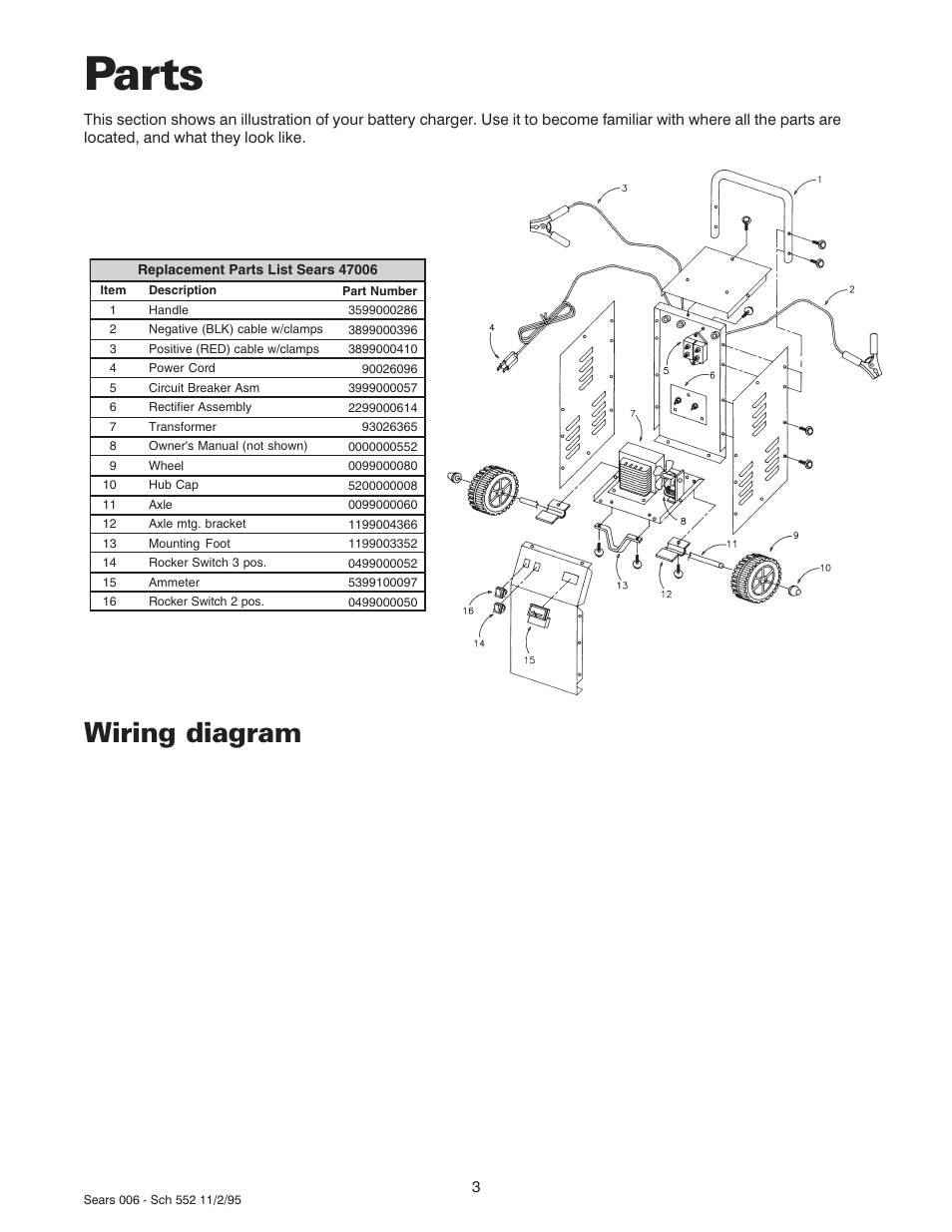 Parts, Wiring diagram | Sears 47006 User Manual | Page 4 / 14