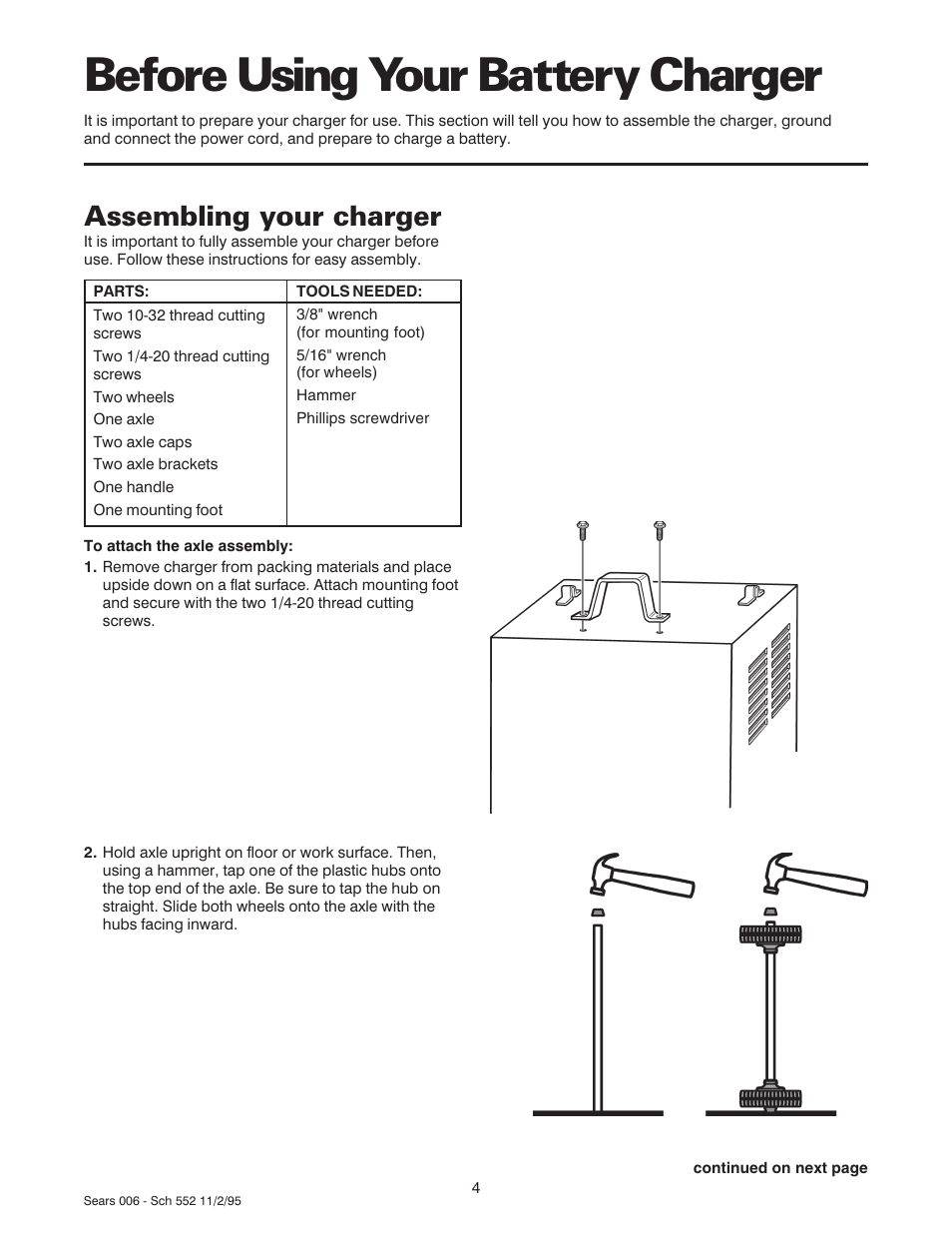 Before using your battery charger, Assembling your charger | Sears 47006 User Manual | Page 5 / 14