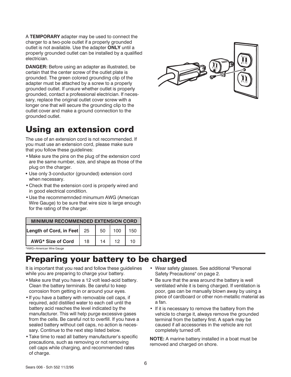 Using an extension cord, Preparing your battery to be charged | Sears 47006 User Manual | Page 7 / 14